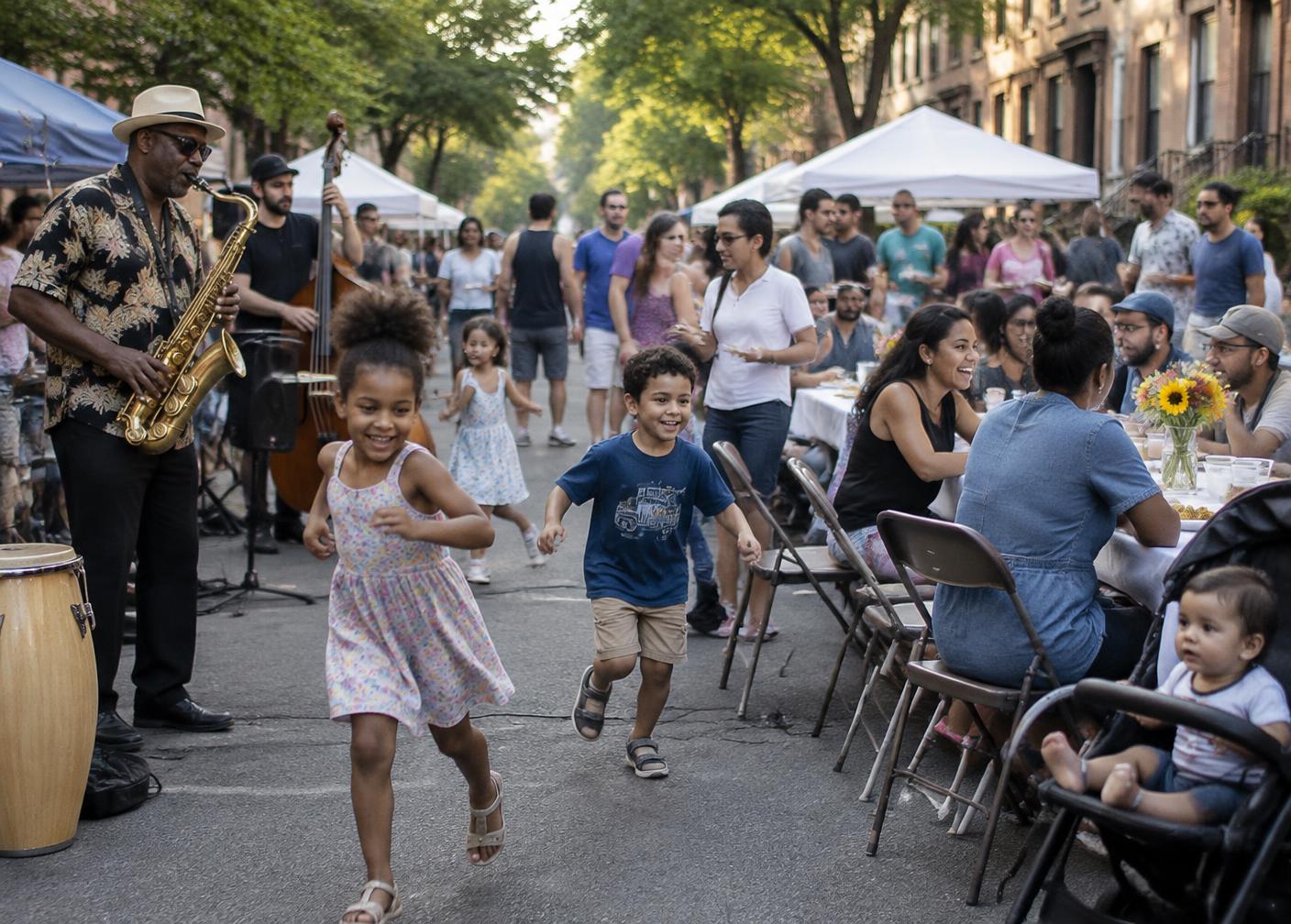 Neighbors of all ages gathered together at a community block party