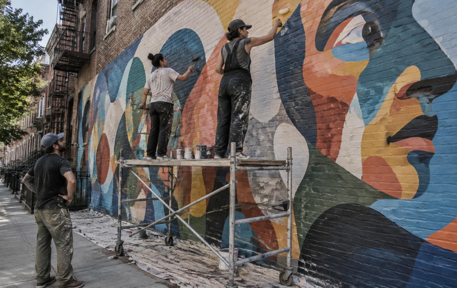 Community members painting a neighborhood mural together