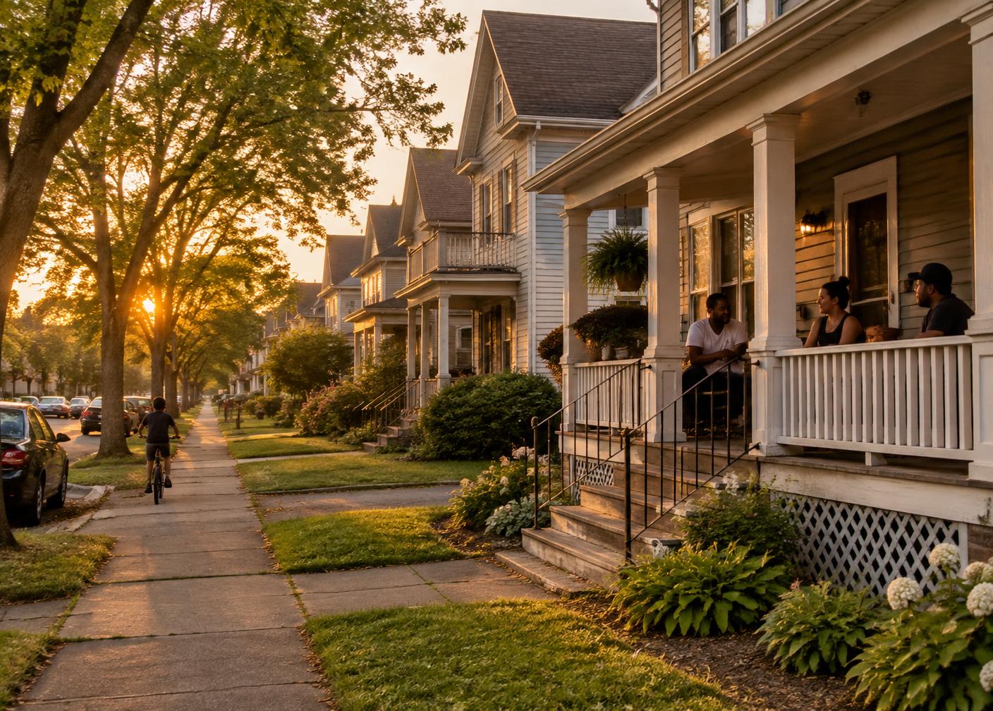 A tree-lined residential street in an upstate New York city
