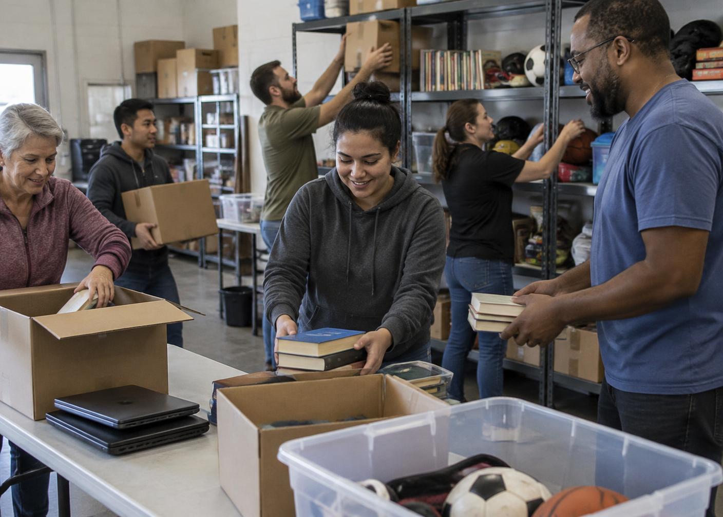 Volunteers of different ages organizing books, laptops and equipment together in a nonprofit storage room