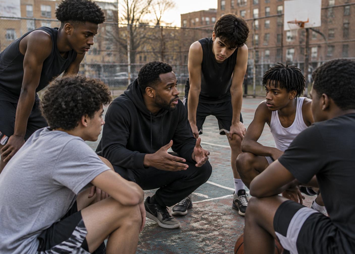 A youth coach talking through a play with his team on a neighborhood basketball court