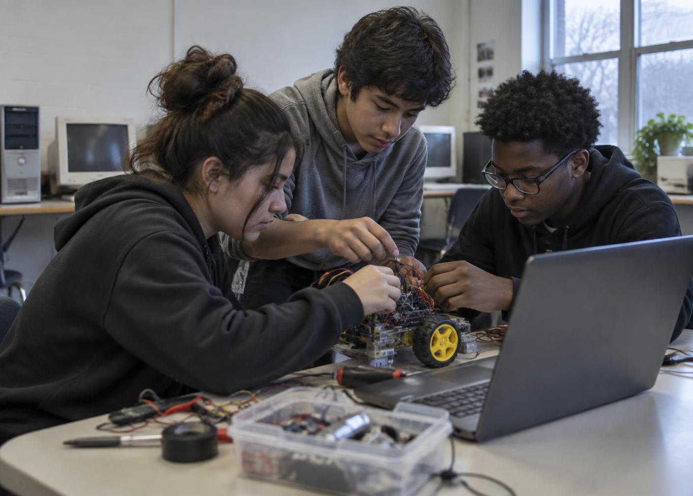 Students building a robot together in a community center computer room